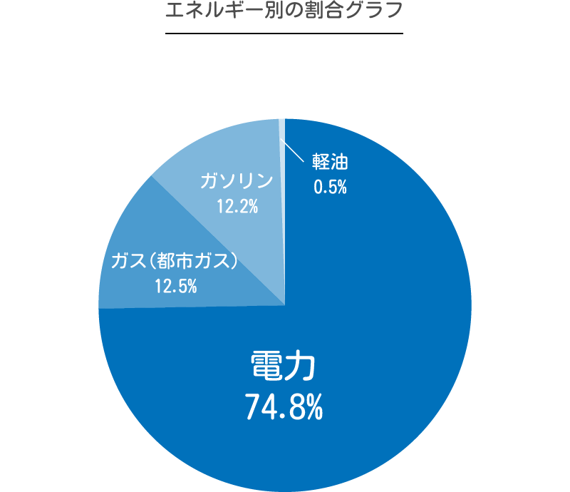 エネルギー別の割合グラフ 電力 74.8% ガス(都市ガス)12.5% ガソリン 12.2% 軽油 0.5%